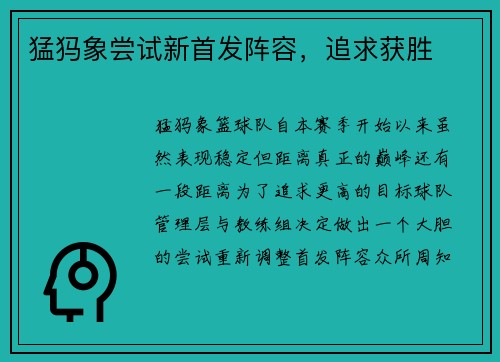 猛犸象尝试新首发阵容，追求获胜